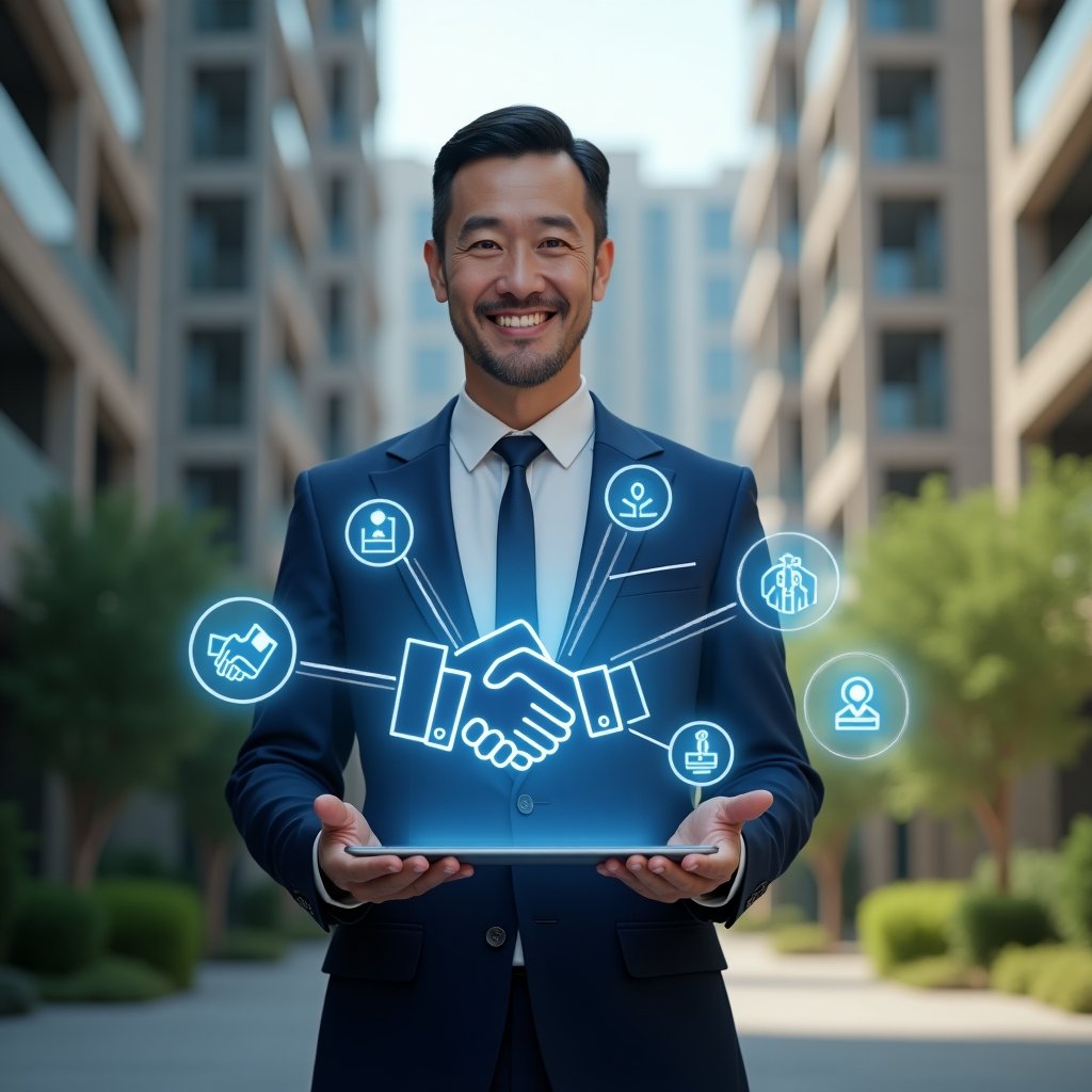 Ultra-realistic condominium manager in a navy blue suit, set in a modern luxury condominium environment with high-rise buildings and green landscaping, smiling confidently while presenting a holographic display of community guidelines and handshake and speech bubble icons, cinematic lighting, shallow depth of field, highly detailed textures, realistic skin, photographic realism, 8k resolution --ar 1:1 --v 6