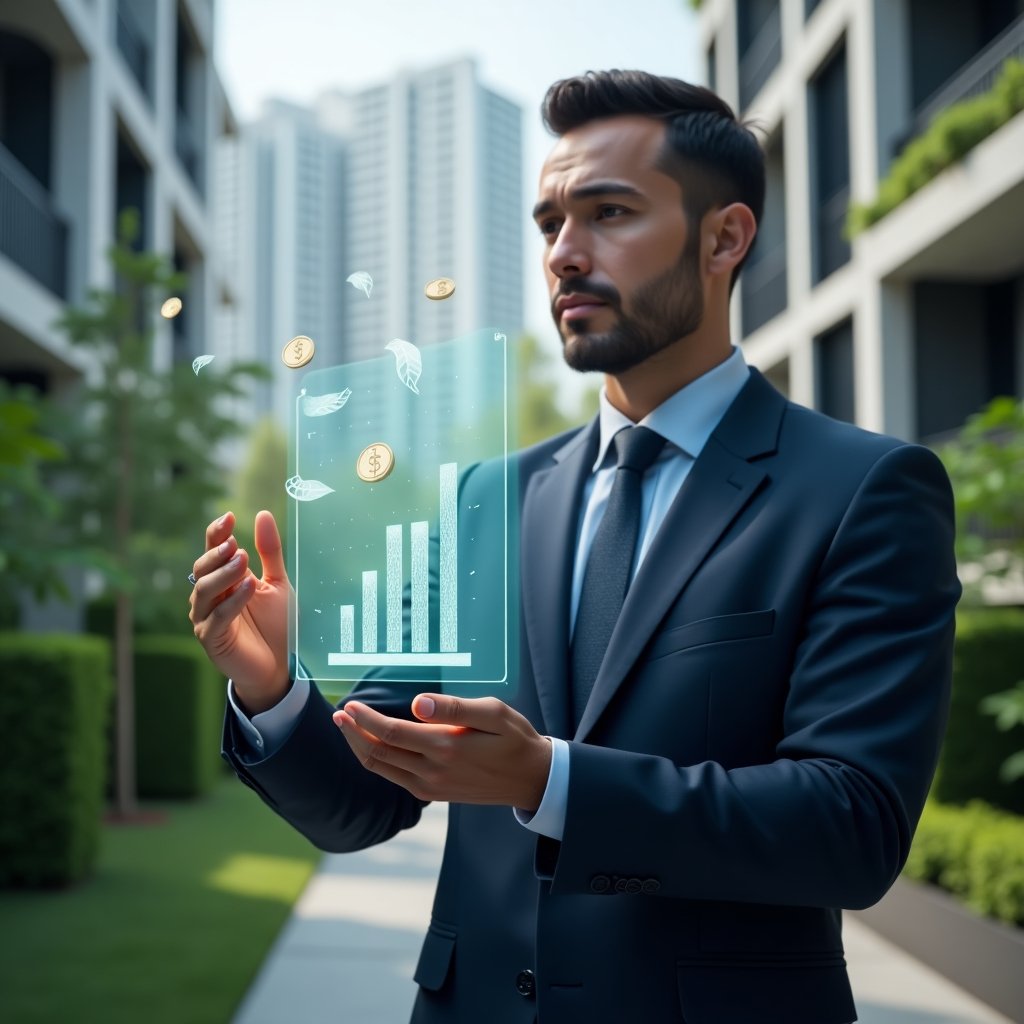 Ultra-realistic condominium manager in a tailored navy blue suit, set in a modern luxury condominium environment with high-rise buildings and meticulously landscaped greenery, analyzing a holographic savings chart in mid-air with a confident, thoughtful expression, surrounded by floating holographic icons of coins, bar graphs and green leaf symbols, cinematic lighting, shallow depth of field, highly detailed textures, realistic skin, photographic realism, 8k resolution --ar 1:1 --v 6