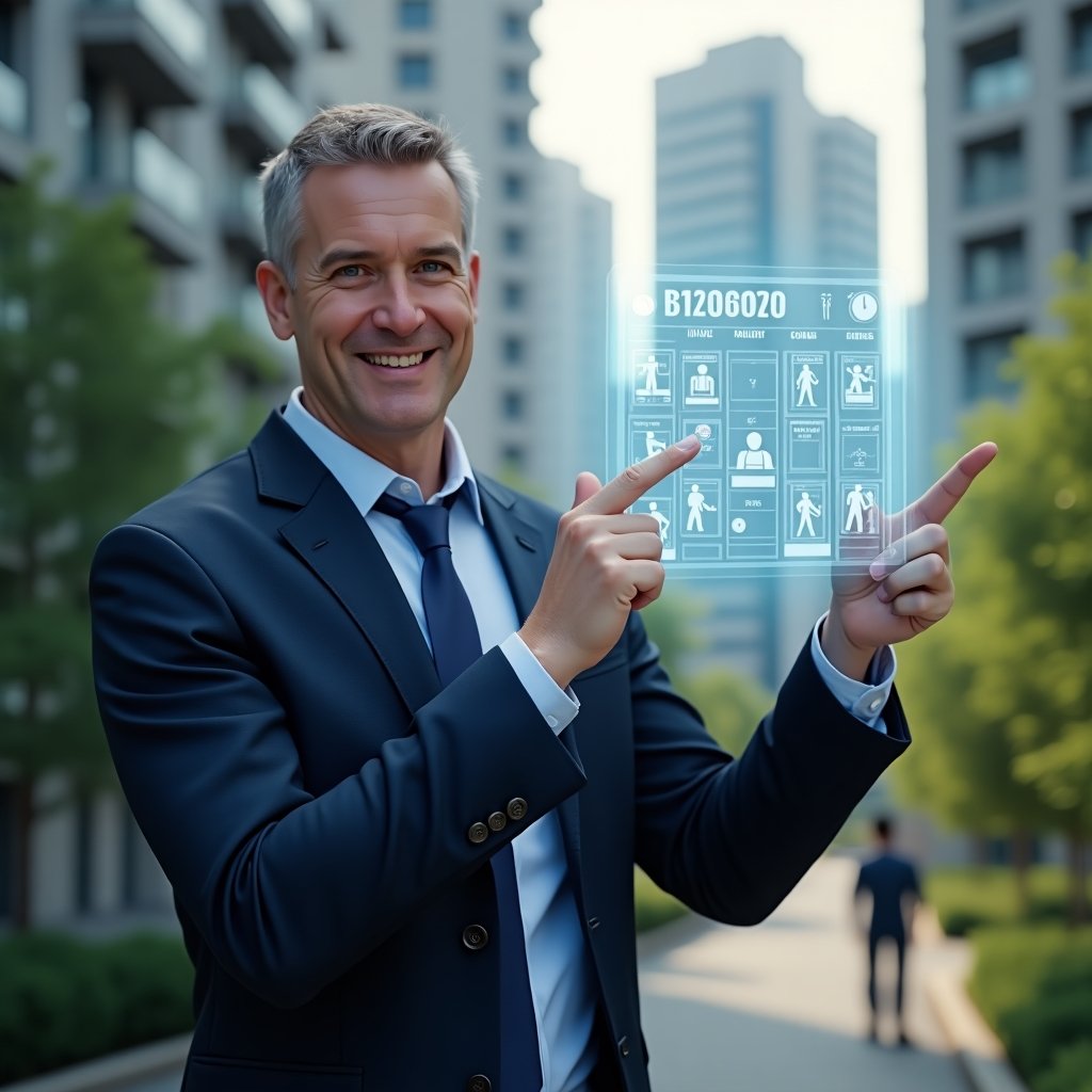 (Ultra-realistic condominium manager in a tailored navy-blue business suit, set in a modern luxury condominium environment with high-rise buildings and lush green landscaping, confidently pointing at a floating holographic annual activity calendar with icons for maintenance, inspections and meetings, cinematic lighting, shallow depth of field, highly detailed textures, realistic skin, photographic realism, 8k resolution --ar 1:1 --v 6)