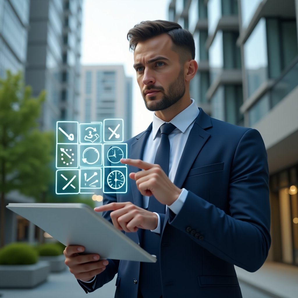 (Ultra-realistic professional condominium manager in a navy blue suit, set in a modern luxury condominium environment with high-rise buildings and green landscaping, holding a holographic activity schedule and pointing at floating calendar icons, holographic checklist and clock symbols swirling around, confident and focused expression, cinematic lighting, shallow depth of field, highly detailed textures, realistic skin, photographic realism, 8k resolution --ar 1:1 --v 6)