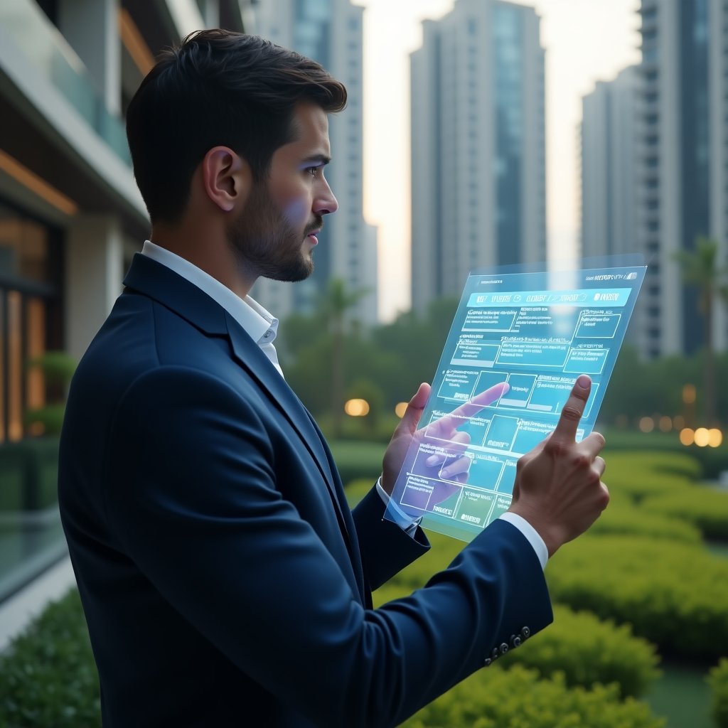 (Ultra-realistic condominium manager in a tailored navy suit, set in a modern luxury condominium environment with high-rise buildings and lush green landscaping, mid-shot examining a holographic schedule planner and pointing at highlighted tasks, translucent floating calendar overlay symbolizing organized activities, cinematic lighting, shallow depth of field, highly detailed textures, realistic skin, photographic realism, 8k resolution --ar 1:1 --v 6)