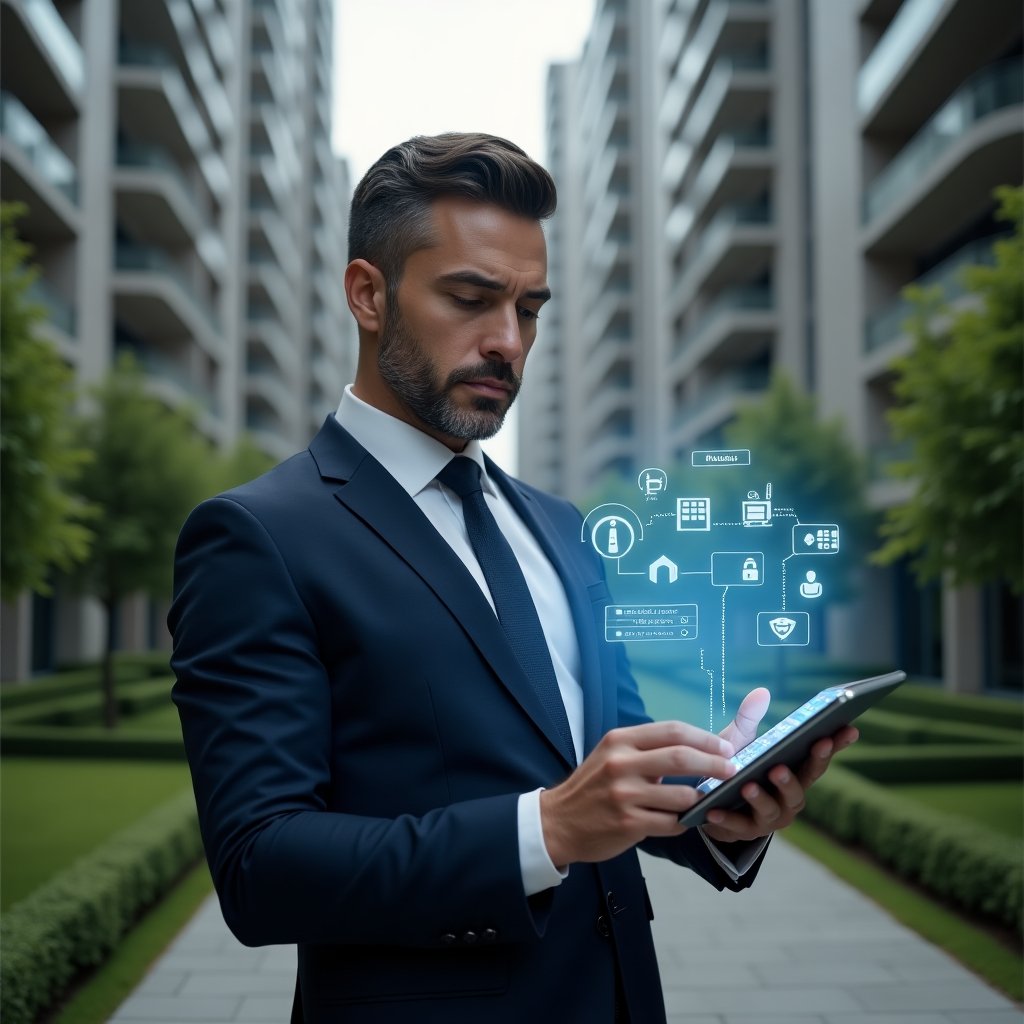 (Ultra-realistic condominium manager in a tailored navy suit, set in a modern luxury condominium environment with high-rise buildings and lush green landscaping, medium shot of the manager reviewing a holographic activity schedule projected from a tablet, with floating timeline icons and checkmarks, confident and focused expression, cinematic lighting, shallow depth of field, highly detailed textures, realistic skin, photographic realism, 8k resolution --ar 1:1 --v 6)