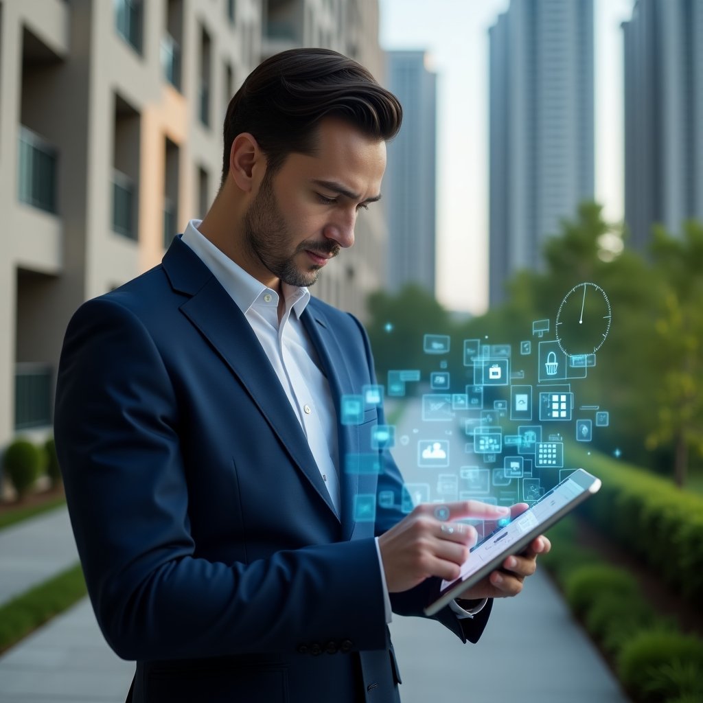 (Ultra-realistic professional condominium manager in a navy blue tailored suit, medium shot close-up, set in a modern luxury condominium environment with high-rise buildings and lush green landscaping, confidently reviewing a transparent holographic activity schedule projected from a tablet, surrounded by floating calendar and clock icons, cinematic lighting, shallow depth of field, highly detailed textures, realistic skin, photographic realism, 8k resolution --ar 1:1 --v 6)