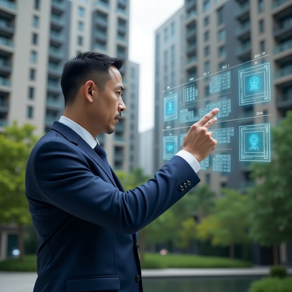 Ultra-realistic condominium manager in a navy-blue suit, set in a modern luxury condominium environment with high-rise buildings and lush green landscaping, pointing thoughtfully at a holographic timeline of activities featuring floating calendar icons and deadline markers, cinematic lighting, shallow depth of field, highly detailed textures, realistic skin, photographic realism, 8k resolution --ar 1:1 --v 6