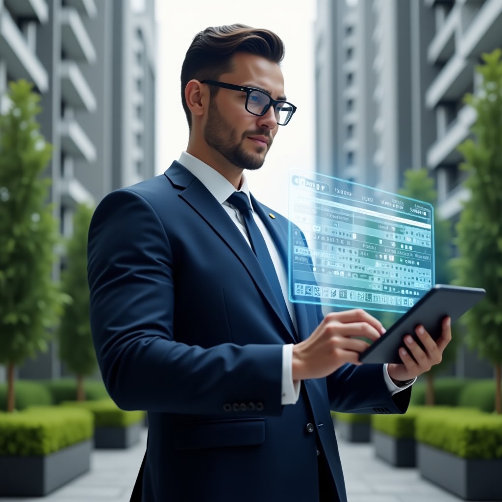 Ultra-realistic condominium manager in a tailored navy blue suit, set in a modern luxury condominium environment with high-rise buildings and lush green landscaping, medium shot of the manager holding a tablet displaying a detailed digital schedule and interacting with a floating holographic calendar timeline and checklist icons, confident and focused expression, cinematic lighting, shallow depth of field, highly detailed textures, realistic skin, photographic realism, 8k resolution --ar 1:1 --v 6