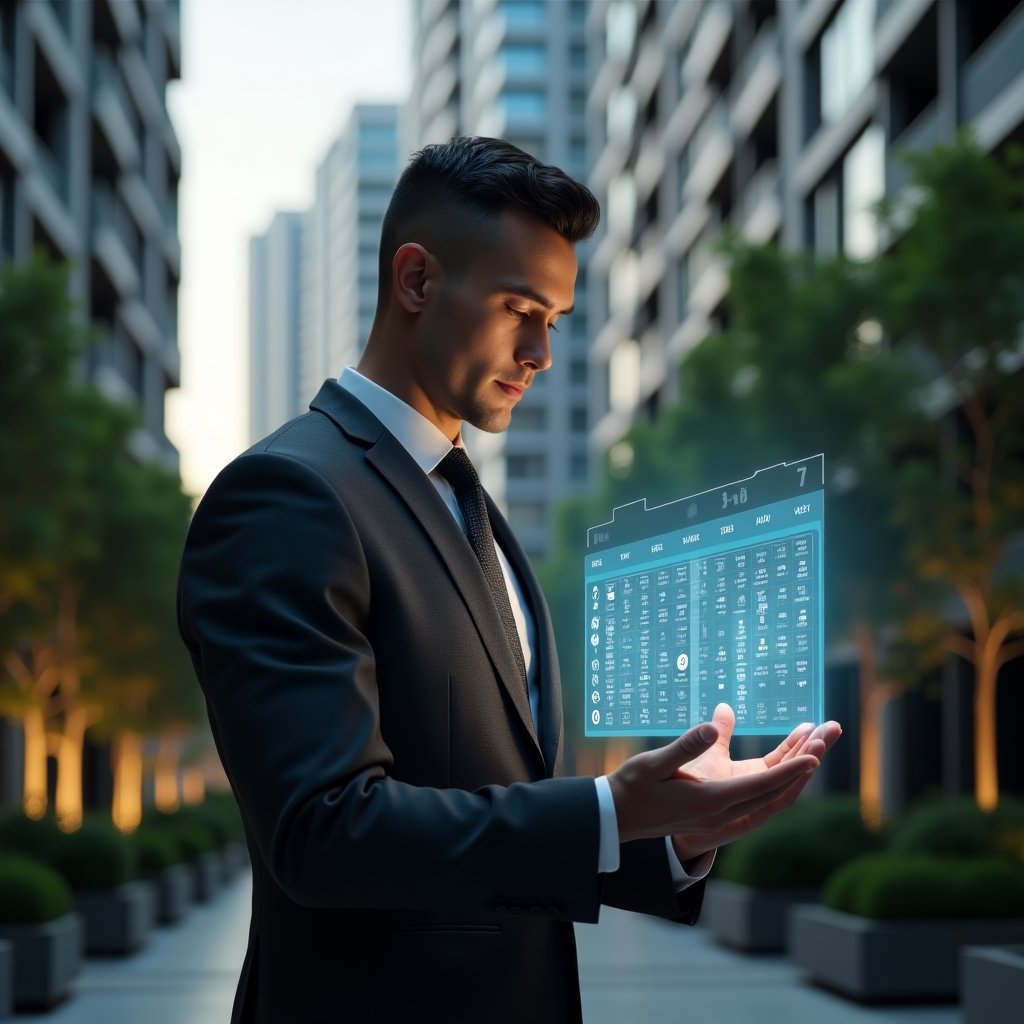 (Ultra-realistic condominium property manager in a dark gray executive suit, set in a modern luxury condominium environment with high-rise buildings and meticulously landscaped greenery, reviewing a floating holographic activity schedule with calendar and checklist icons, confident and focused expression, cinematic lighting, shallow depth of field, highly detailed textures, realistic skin, photographic realism, 8k resolution --ar 1:1 --v 6)