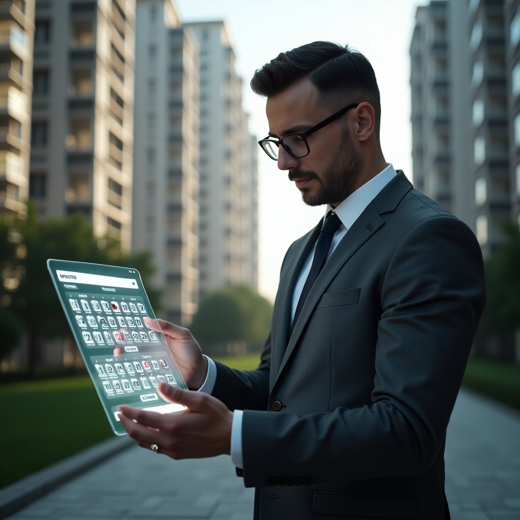Ultra-realistic condominium manager in a charcoal gray tailored suit, set in a modern luxury condominium environment with high-rise buildings and manicured gardens, analyzing a floating holographic annual maintenance schedule calendar with cleaning and security icons, confident and focused expression, cinematic lighting, shallow depth of field, highly detailed textures, realistic skin, photographic realism, 8k resolution --ar 1:1 --v 6