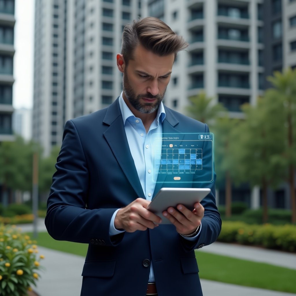 (Ultra-realistic condominium manager in a navy blue suit, set in a modern luxury condominium environment with high-rise buildings and manicured green landscaping, reviewing a holographic activity schedule projected above a tablet, confident and focused expression, floating calendar and checklist icons as thematic visual elements, cinematic lighting, shallow depth of field, highly detailed textures, realistic skin, photographic realism, 8k resolution --ar 1:1 --v 6)