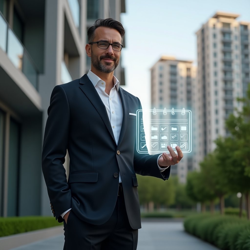 (Ultra-realistic condominium manager in a dark tailored suit, set in a modern luxury condominium environment with high-rise buildings and well-maintained green landscaping, medium shot of a confident professional holding a holographic activity schedule with floating calendar icons and checkmarks, cinematic lighting, shallow depth of field, highly detailed textures, realistic skin, photographic realism, 8k resolution --ar 1:1 --v 6)