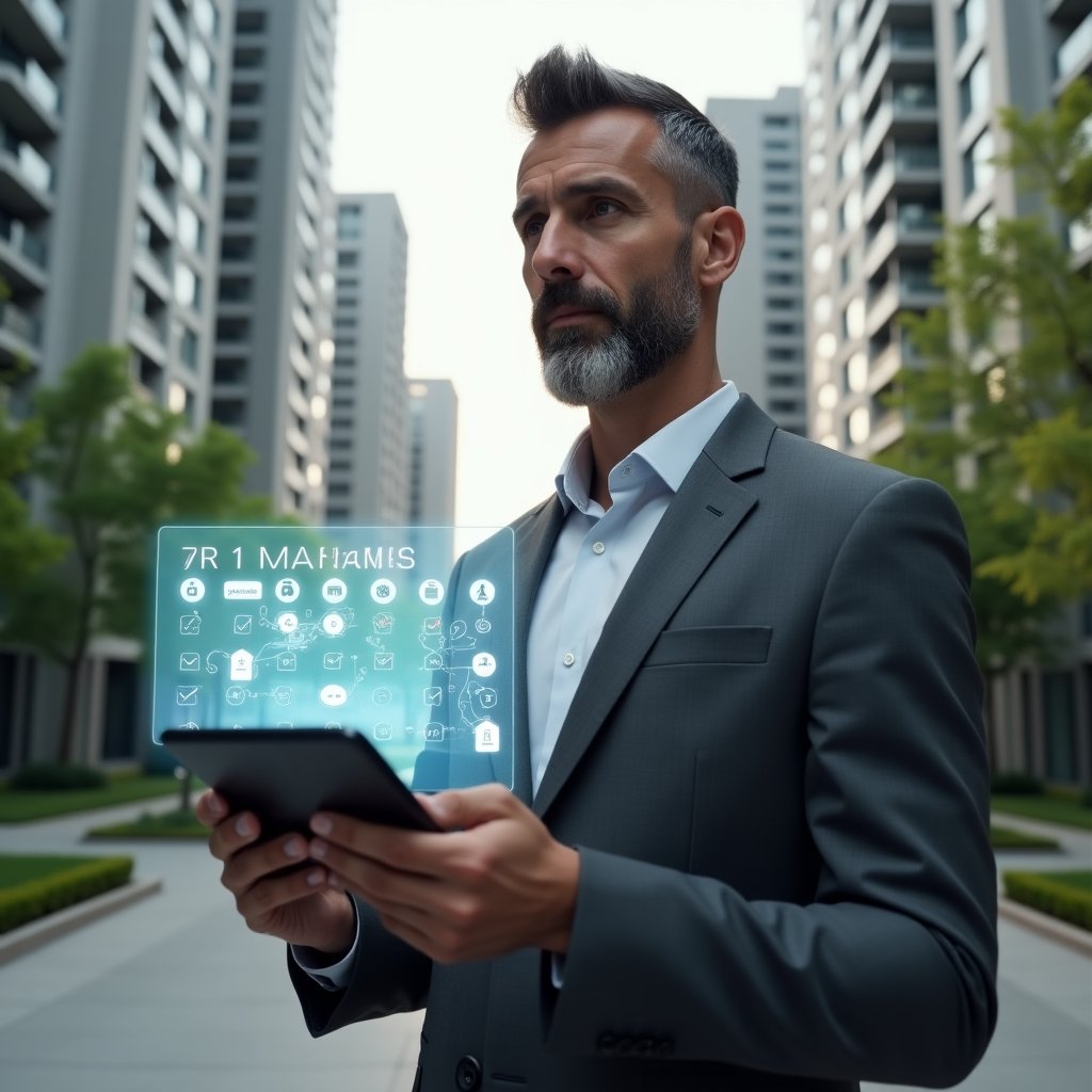 (Ultra-realistic property manager in a charcoal gray suit, set in a modern luxury condominium environment with high-rise buildings and manicured green landscaping, holding a tablet displaying a holographic calendar with marked maintenance tasks and assembly icons, floating checklist and clock symbols around, looking confident and focused, cinematic lighting, shallow depth of field, highly detailed textures, realistic skin, photographic realism, 8k resolution --ar 1:1 --v 6)