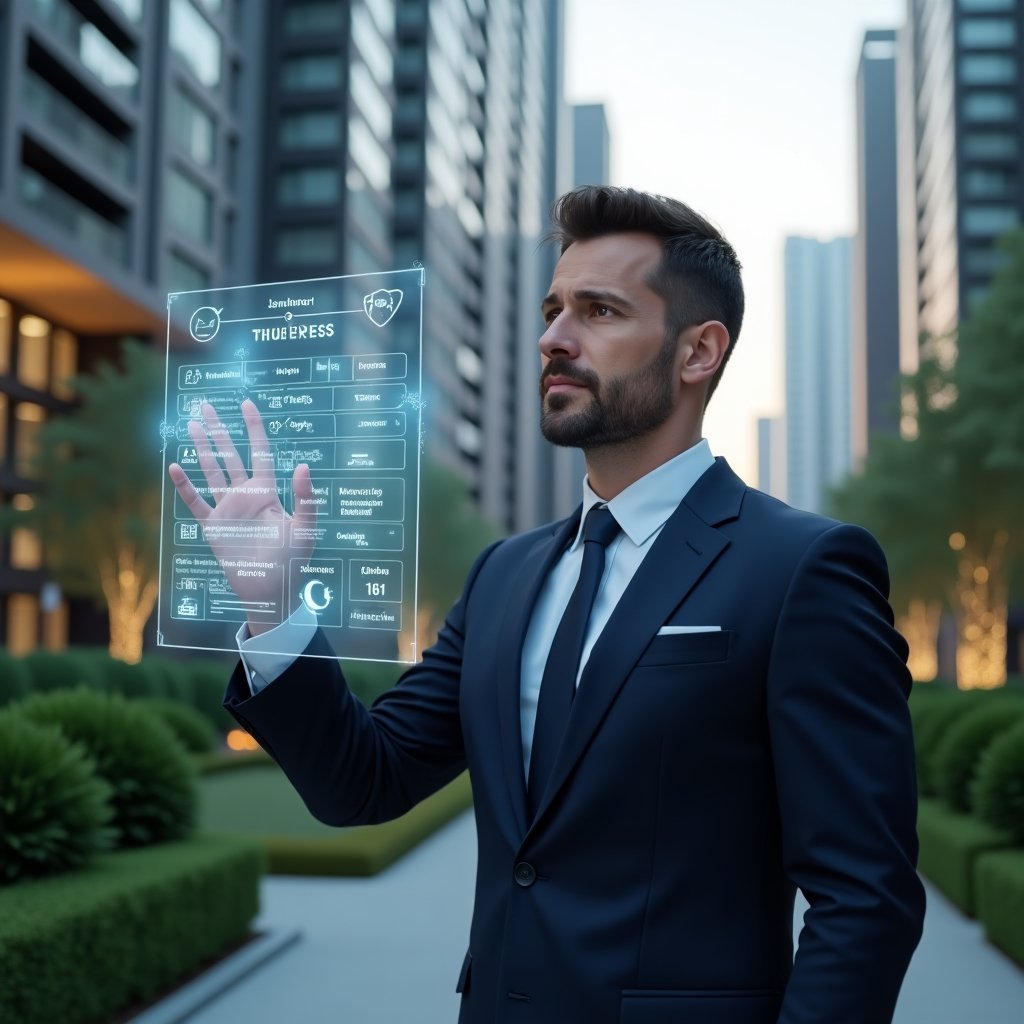 (Ultra-realistic property manager in a navy blue suit, set in a modern luxury condominium environment with high-rise buildings and meticulously landscaped greenery, mid shot of the professional pointing at a transparent holographic timeline calendar displaying maintenance, inspection, and assembly icons, futuristic holographic overlays representing tasks and deadlines, confident and focused expression, cinematic lighting, shallow depth of field, highly detailed textures, realistic skin, photographic realism, 8k resolution --ar 1:1 --v 6)