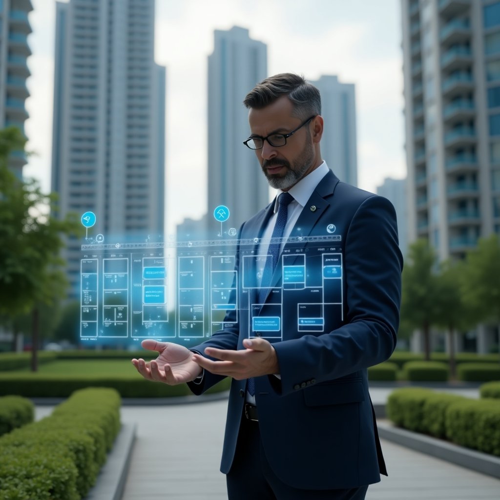 (Ultra-realistic condominium manager in a navy-blue suit, set in a modern luxury condominium environment with high-rise buildings and lush green landscaping, medium shot of a confident professional interacting with a holographic calendar interface displaying a detailed activity schedule, floating timeline bars and checklist icons around, cinematic lighting, shallow depth of field, highly detailed textures, realistic skin, photographic realism, 8k resolution --ar 1:1 --v 6)