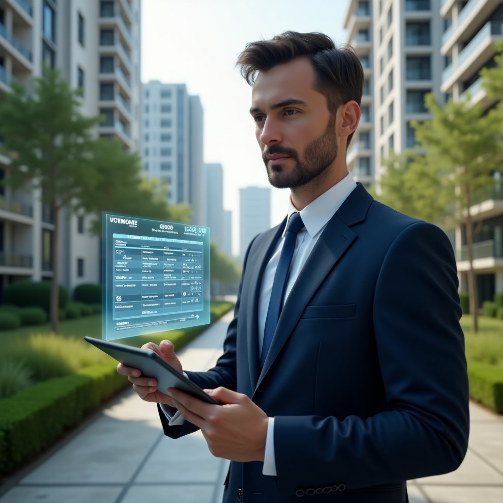 Ultra-realistic condominium manager in a navy business suit, set in a modern luxury condominium environment with high-rise buildings and lush green landscaping, holding a digital tablet and interacting with a holographic timeline of scheduled tasks, projecting a floating calendar with checkmarks and maintenance icons, conveying confidence and focus, cinematic lighting, shallow depth of field, highly detailed textures, realistic skin, photographic realism, 8k resolution --ar 1:1 --v 6