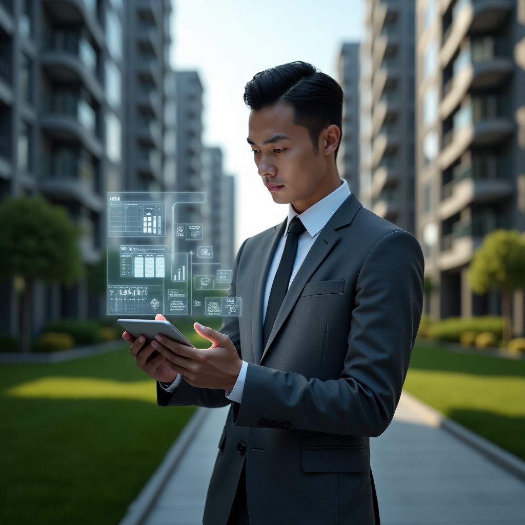 (Ultra-realistic condominium manager in a charcoal grey executive suit, set in a modern luxury condominium environment with high-rise buildings and manicured green landscaping, reviewing a holographic weekly schedule with floating calendar icons and task list holograms, focused and proactive expression, cinematic lighting, shallow depth of field, highly detailed textures, realistic skin, photographic realism, 8k resolution --ar 1:1 --v 6)