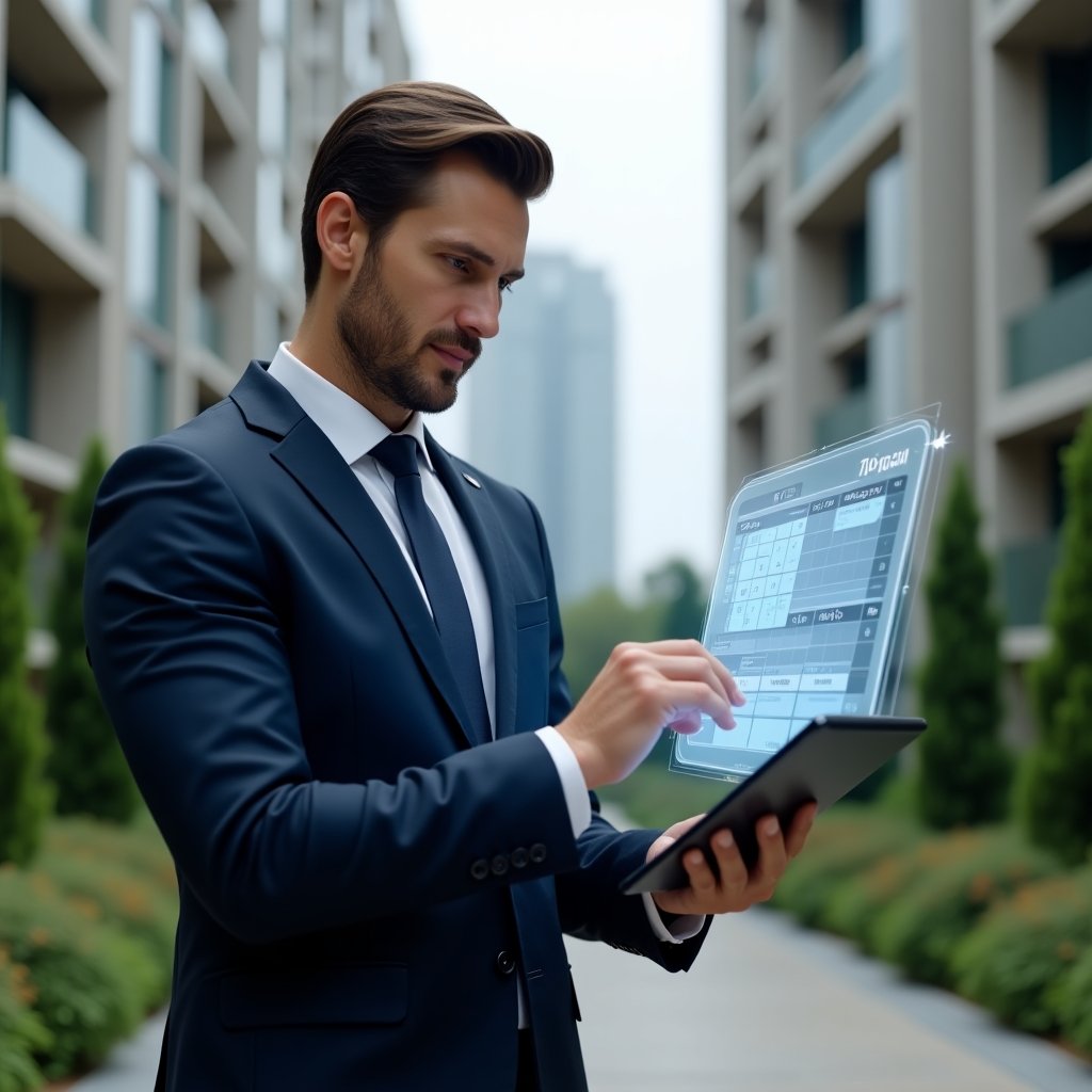(Ultra-realistic condominium manager in a navy tailored suit, set in a modern luxury condominium environment with high-rise buildings and green landscaping, mid-shot of the manager holding a tablet displaying a floating holographic activity schedule, pointing at a digital calendar interface, confident and focused expression, cinematic lighting, shallow depth of field, highly detailed textures, realistic skin, photographic realism, 8k resolution --ar 1:1 --v 6)
