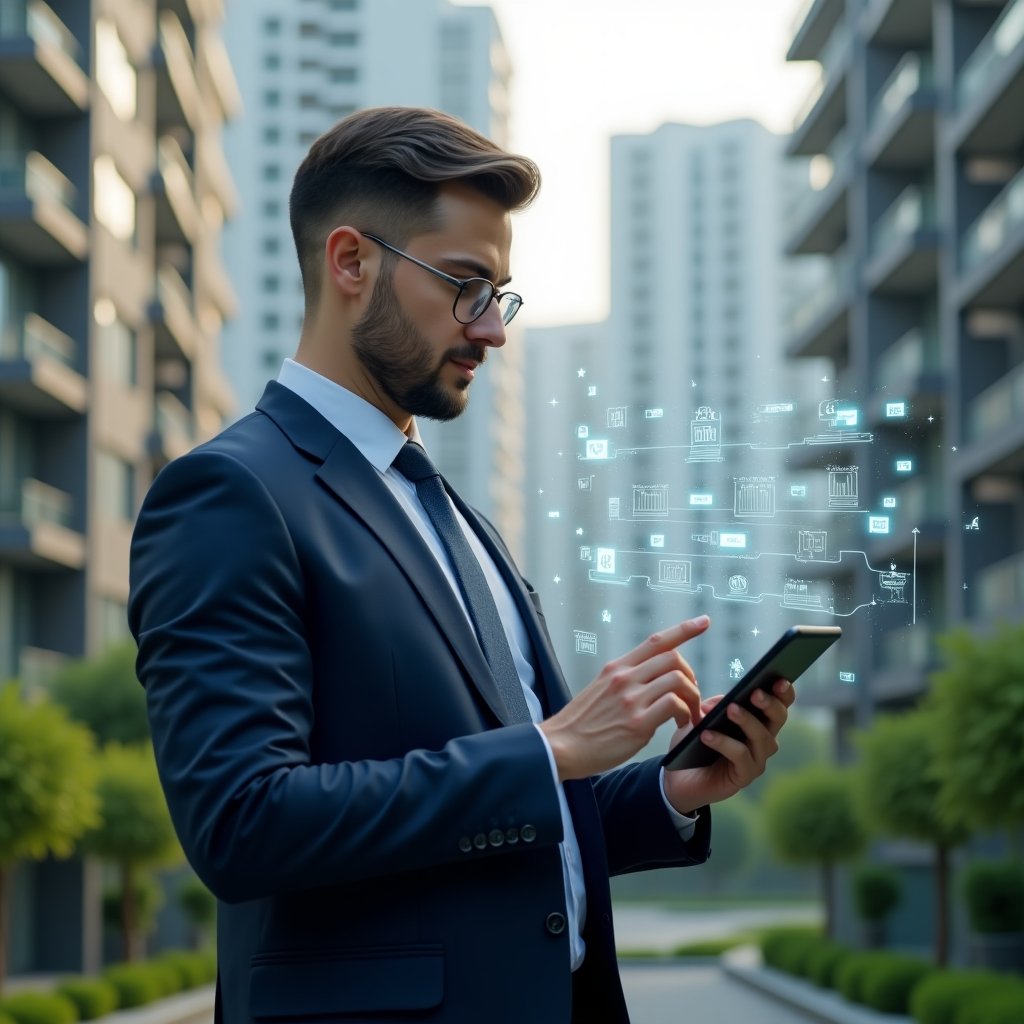(Ultra-realistic condominium manager in a navy blue tailored suit, set in a modern luxury condominium environment with high-rise buildings and lush green landscaping, holding a tablet and interacting with a holographic activity schedule, calendar icons and timeline graphics floating around to represent efficient planning, cinematic lighting, shallow depth of field, highly detailed textures, realistic skin, photographic realism, 8k resolution --ar 1:1 --v 6)