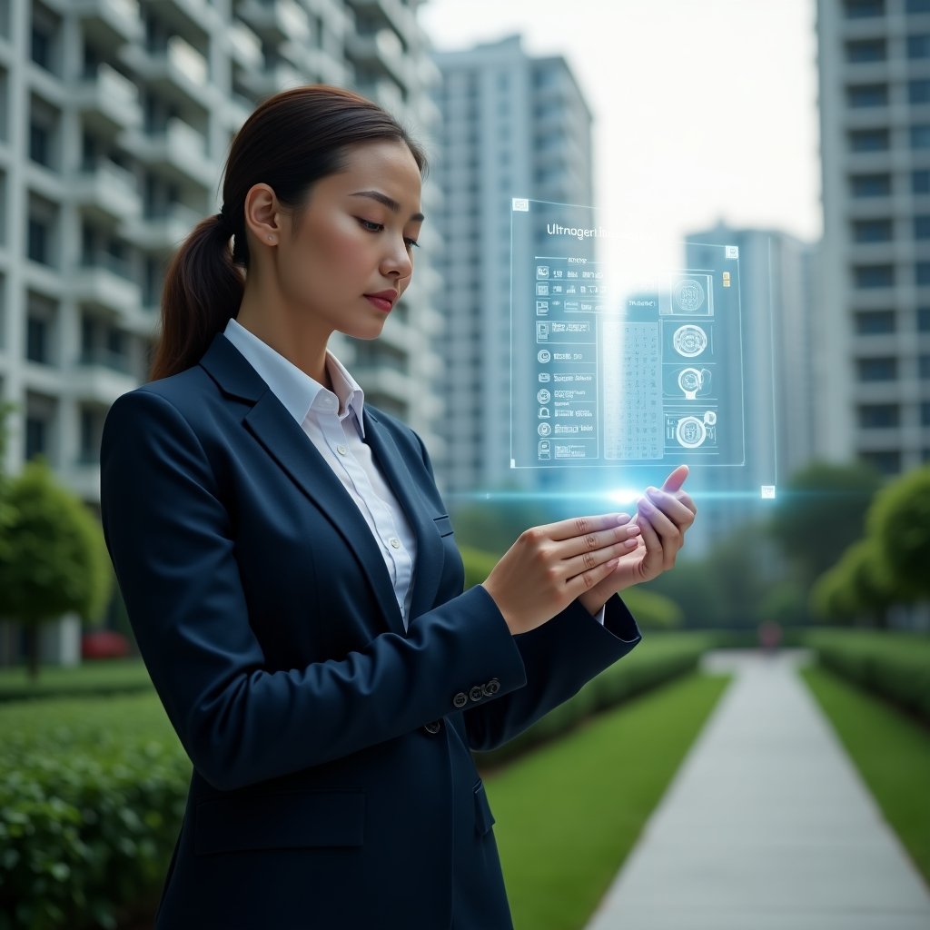 Ultra-realistic condominium manager in a tailored navy business suit, set in a modern luxury condominium environment with high-rise buildings and meticulously maintained green landscaping, medium shot focusing on the manager examining a floating holographic activity schedule with calendar and clock icons, confident and focused expression, cinematic lighting, shallow depth of field, highly detailed textures, realistic skin, photographic realism, 8k resolution --ar 1:1 --v 6