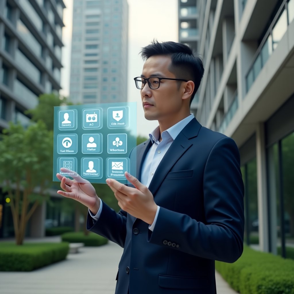 Ultra-realistic condominium manager in a navy blue executive suit, set in a modern luxury condominium environment with high-rise buildings and lush green landscaping, interacting with a holographic interface displaying icons for security access, visitor management, chat notifications, reservation calendars and financial reports, confident and focused expression, cinematic lighting, shallow depth of field, highly detailed textures, realistic skin, photographic realism, 8k resolution --ar 1:1 --v 6