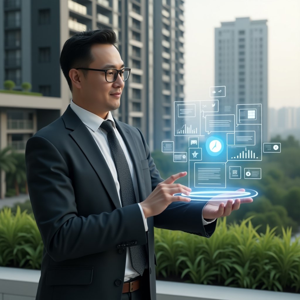 (Ultra-realistic condominium manager in a charcoal suit, set in a modern luxury condominium environment with high-rise buildings and manicured green landscaping, interacting with a floating holographic interface displaying calendar, chat bubbles, and financial graphs, confident expression, cinematic lighting, shallow depth of field, highly detailed textures, realistic skin, photographic realism, 8k resolution --ar 1:1 --v 6)