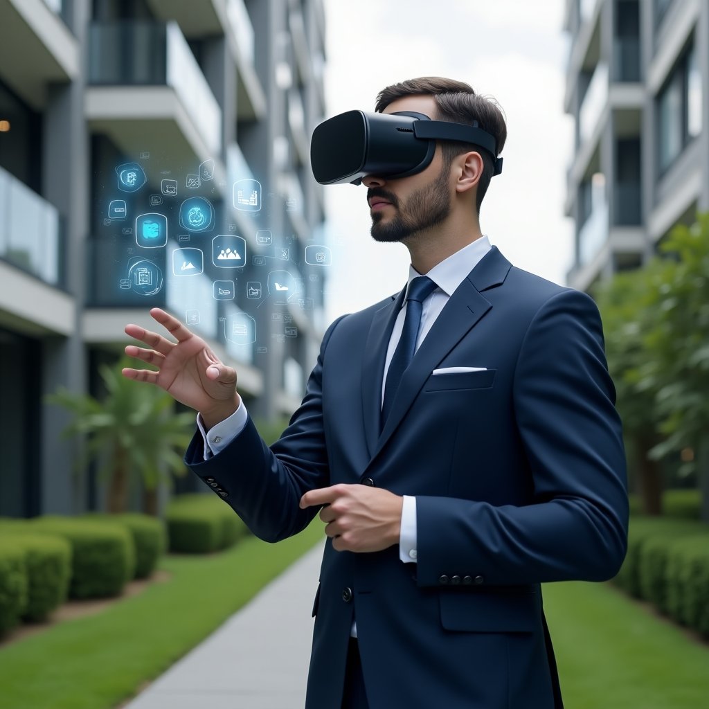 (Ultra-realistic condominium manager in a navy blue tailored suit, set in a modern luxury condominium environment with high-rise buildings and manicured green landscaping, mid shot of a confident professional interacting with a holographic interface displaying communication bubbles, task lists and transparent data charts, cinematic lighting, shallow depth of field, highly detailed textures, realistic skin, photographic realism, 8k resolution --ar 1:1 --v 6)