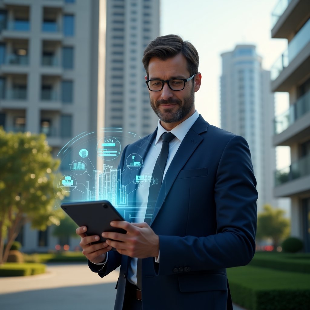 (Ultra-realistic condominium manager in a sleek navy suit, set in a modern luxury condominium environment with high-rise buildings and meticulously manicured gardens, holding a digital tablet displaying a holographic condominium management interface, confident and focused expression, floating holographic icons of charts, calendar, and building blueprints surrounding the device, cinematic lighting, shallow depth of field, highly detailed textures, realistic skin, photographic realism, 8k resolution --ar 1:1 --v 6)
