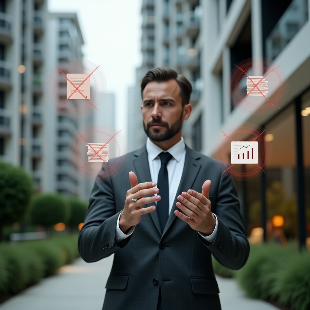 Ultra-realistic condominium manager in a charcoal gray tailored suit, set in a modern luxury condominium environment with high-rise buildings and manicured greenery, mid-shot close-up, confidently gesturing at floating holographic icons representing mythbusting—paper stacks, complex charts and coins marked with red “X” overlays—cinematic lighting, shallow depth of field, highly detailed textures, realistic skin, photographic realism, 8k resolution --ar 1:1 --v 6