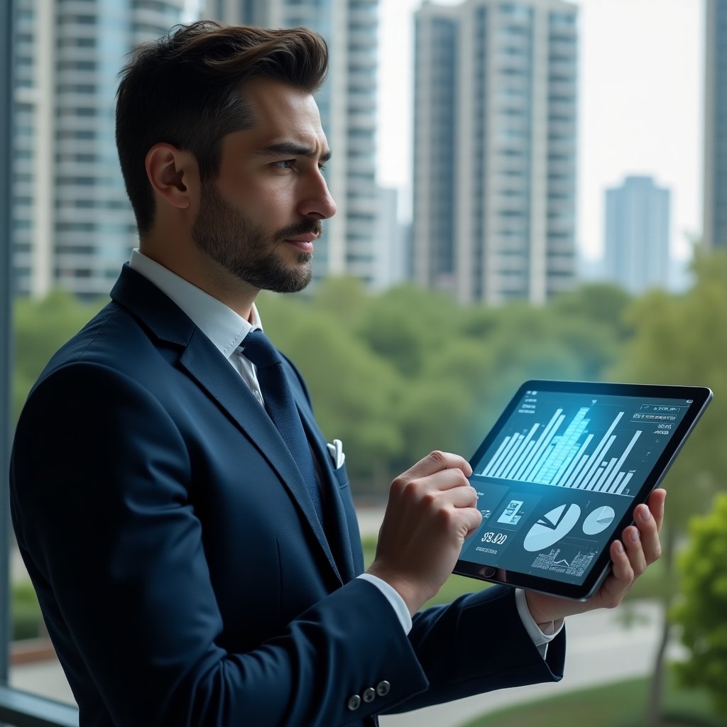 (Ultra-realistic condominium manager in a tailored navy blue suit, set in a modern luxury condominium environment with high-rise buildings and green landscaping, analyzing holographic financial charts on a transparent tablet displaying pie charts and bar graphs symbolizing expense optimization, expression confident and focused, cinematic lighting, shallow depth of field, highly detailed textures, realistic skin, photographic realism, 8k resolution --ar 1:1 --v 6)