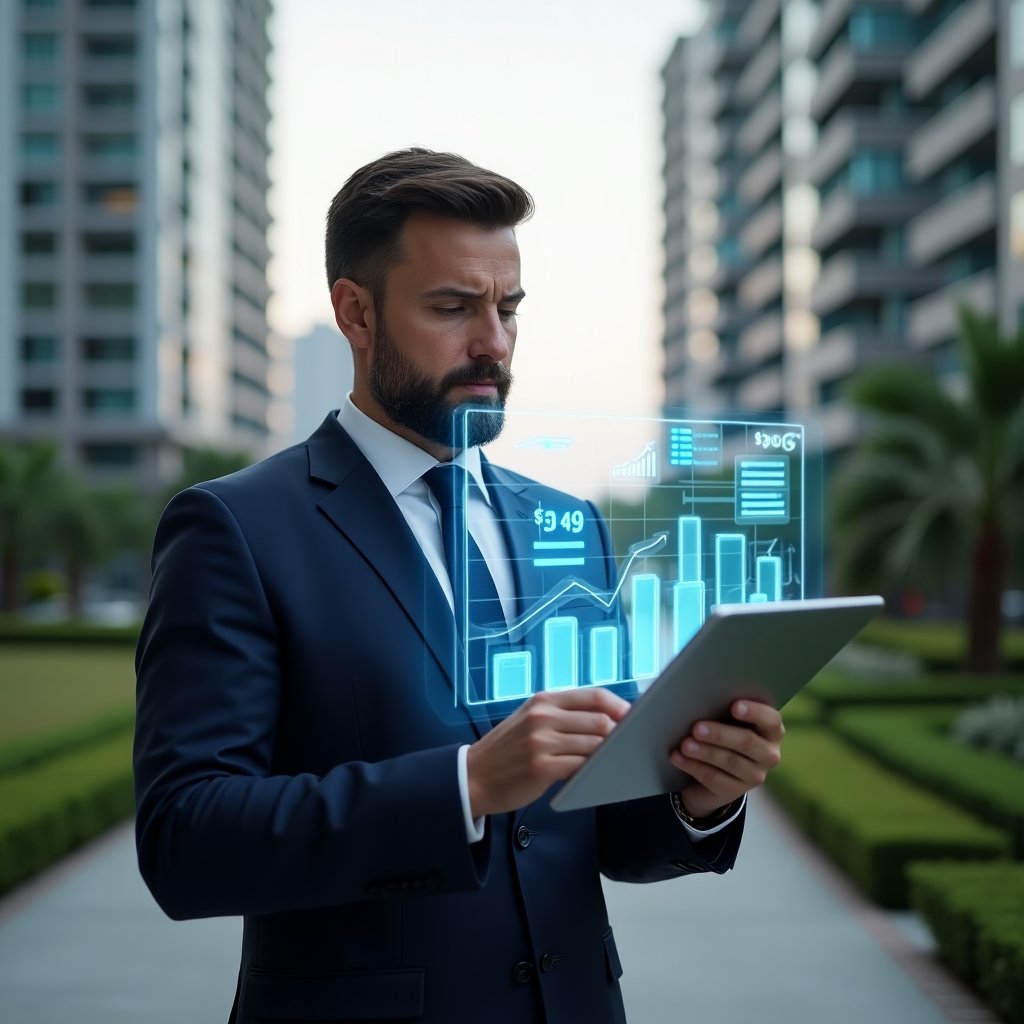 Ultra-realistic condominium manager in a navy executive suit, set in a modern luxury condominium environment with high-rise buildings and lush green landscaping, holding a tablet projecting a holographic expense report chart and analyzing data with a confident, thoughtful expression, holographic budget icons floating around, cinematic lighting, shallow depth of field, highly detailed textures, realistic skin, photographic realism, 8k resolution --ar 1:1 --v 6