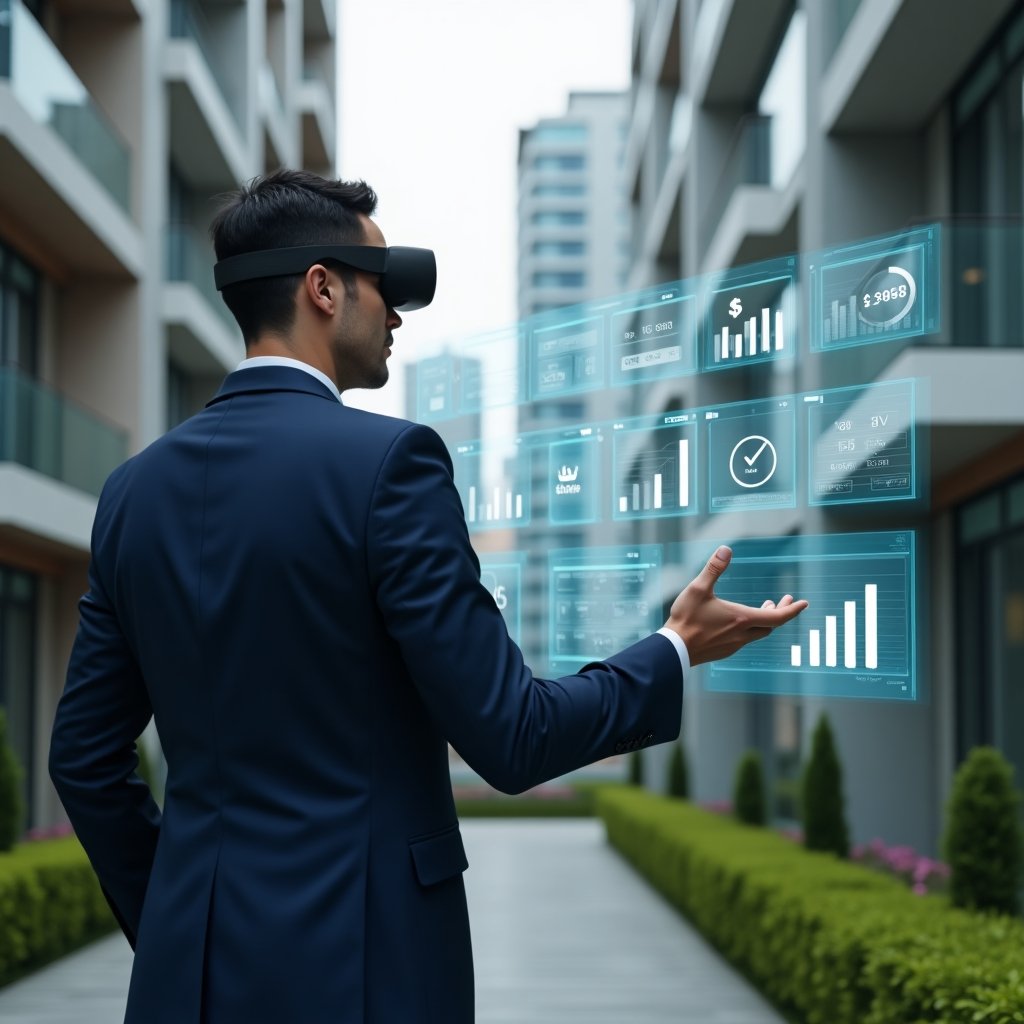 Ultra-realistic condominium manager in a navy blue suit, medium shot, set in a modern luxury condominium environment with high-rise buildings and manicured green landscaping, standing confidently and analyzing holographic expense charts projected in front of them, with floating icons of budget graphs and digital currency symbols, cinematic lighting, shallow depth of field, highly detailed textures, realistic skin, photographic realism, 8k resolution --ar 1:1 --v 6