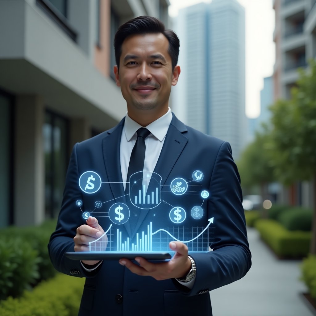 (Ultra-realistic condominium manager in a tailored navy blue suit, set in a modern luxury condominium environment with high-rise buildings and lush green landscaping, medium shot of a confident professional holding a transparent tablet displaying holographic budget charts, coins, leaf and app interface icons symbolizing cost savings and efficiency, cinematic lighting, shallow depth of field, highly detailed textures, realistic skin, photographic realism, 8k resolution --ar 1:1 --v 6)