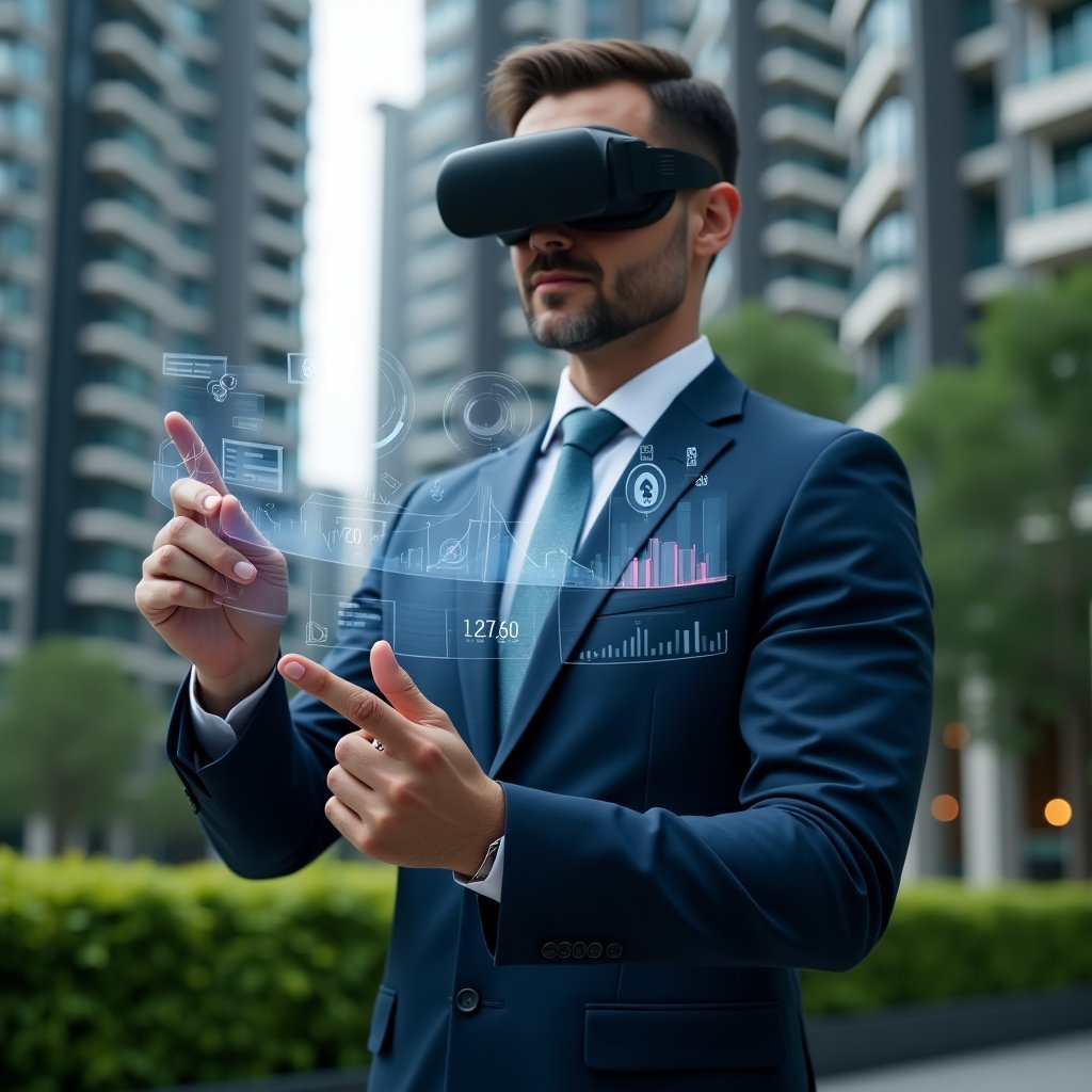 (Ultra-realistic condominium manager in a sleek dark blue suit, set in a modern luxury condominium environment with high-rise buildings and green landscaping, medium close-up shot of the manager confidently analyzing a holographic financial dashboard displaying cost-reduction graphs and floating icons of coins and charts, cinematic lighting, shallow depth of field, highly detailed textures, realistic skin, photographic realism, 8k resolution --ar 1:1 --v 6)
