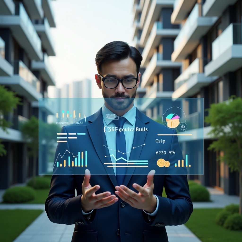 (Ultra-realistic condominium manager in a dark blue suit, set in a modern luxury condominium environment with high-rise buildings and manicured green landscaping, mid shot, the manager confidently analyzing a floating holographic financial dashboard with colorful bar and pie charts and icons of calculator and coins, cinematic lighting, shallow depth of field, highly detailed textures, realistic skin, photographic realism, 8k resolution --ar 1:1 --v 6)