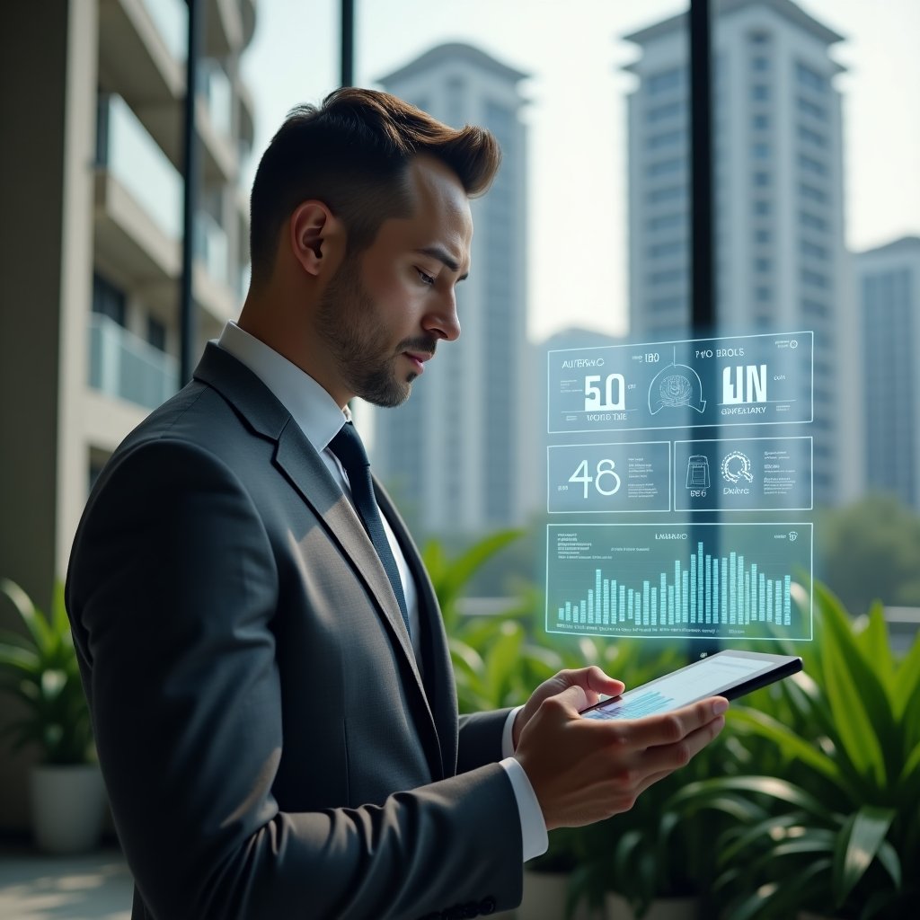 (Ultra-realistic condominium manager in a charcoal gray tailored suit, set in a modern luxury condominium environment with high-rise buildings and lush green landscaping, holding a digital tablet while examining a holographic transparent financial dashboard displaying expense charts and budget graphs, confident and focused expression, futuristic budget icons floating around, cinematic lighting, shallow depth of field, highly detailed textures, realistic skin, photographic realism, 8k resolution --ar 1:1 --v 6)