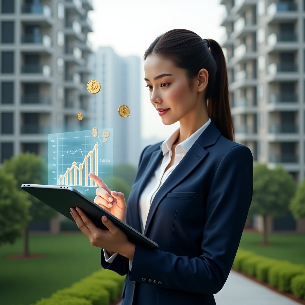 (Ultra-realistic female condominium manager in a navy tailored suit, set in a modern luxury condominium environment with high-rise buildings and manicured green landscaping, holding a tablet displaying a holographic cost-reduction chart, pointing at a declining expenses graph, floating icons of coins and bar graphs symbolizing financial control, confident and focused expression, cinematic lighting, shallow depth of field, highly detailed textures, realistic skin, photographic realism, 8k resolution --ar 1:1 --v 6)