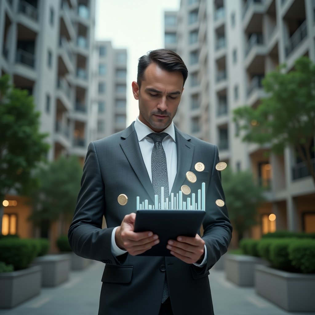 (Ultra-realistic condominium manager in a charcoal gray suit, set in a modern luxury condominium environment with high-rise buildings and lush green landscaping, standing mid-shot holding a tablet projecting holographic fundraising charts and floating coins, thoughtful and confident expression, cinematic lighting, shallow depth of field, highly detailed textures, realistic skin, photographic realism, 8k resolution --ar 1:1 --v 6)