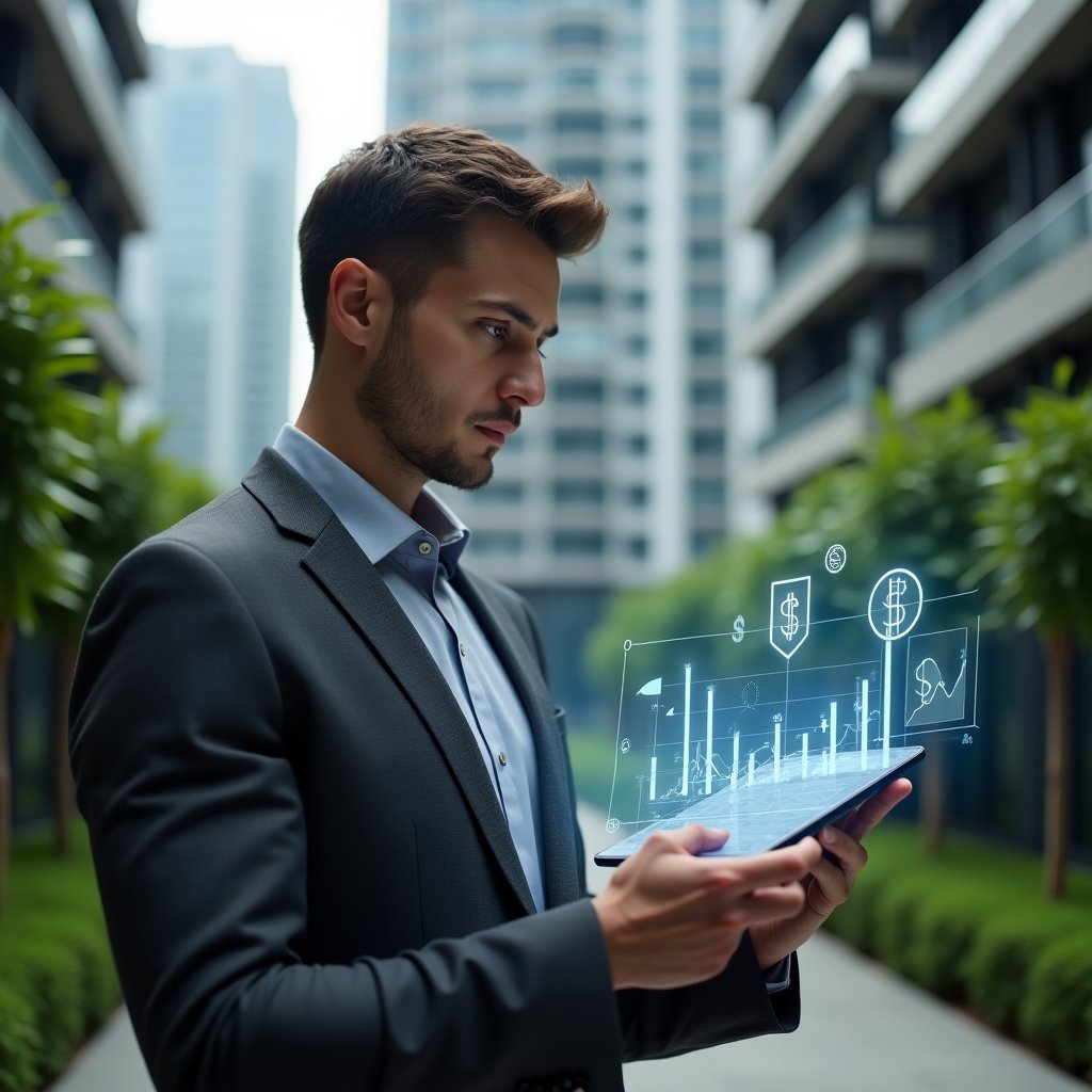 (Ultra-realistic condominium manager in a charcoal grey suit, set in a modern luxury condominium environment with high-rise buildings and manicured green landscaping, medium close-up shot of the manager holding a transparent tablet displaying holographic charts that break down ordinary and extraordinary expenses, floating icons of invoices and currency symbols as thematic visual elements, confident and contemplative expression, cinematic lighting, shallow depth of field, highly detailed textures, realistic skin, photographic realism, 8k resolution --ar 1:1 --v 6)