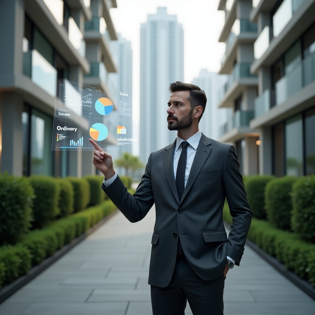 Ultra-realistic condominium manager in a dark gray tailored suit, set in a modern luxury condominium environment with high-rise buildings and manicured green landscaping, mid-shot of a confident manager pointing at holographic pie charts labeled “Ordinary” and “Extraordinary” surrounded by floating expense icons and ledger symbols, cinematic lighting, shallow depth of field, highly detailed textures, realistic skin, photographic realism, 8k resolution --ar 1:1 --v 6