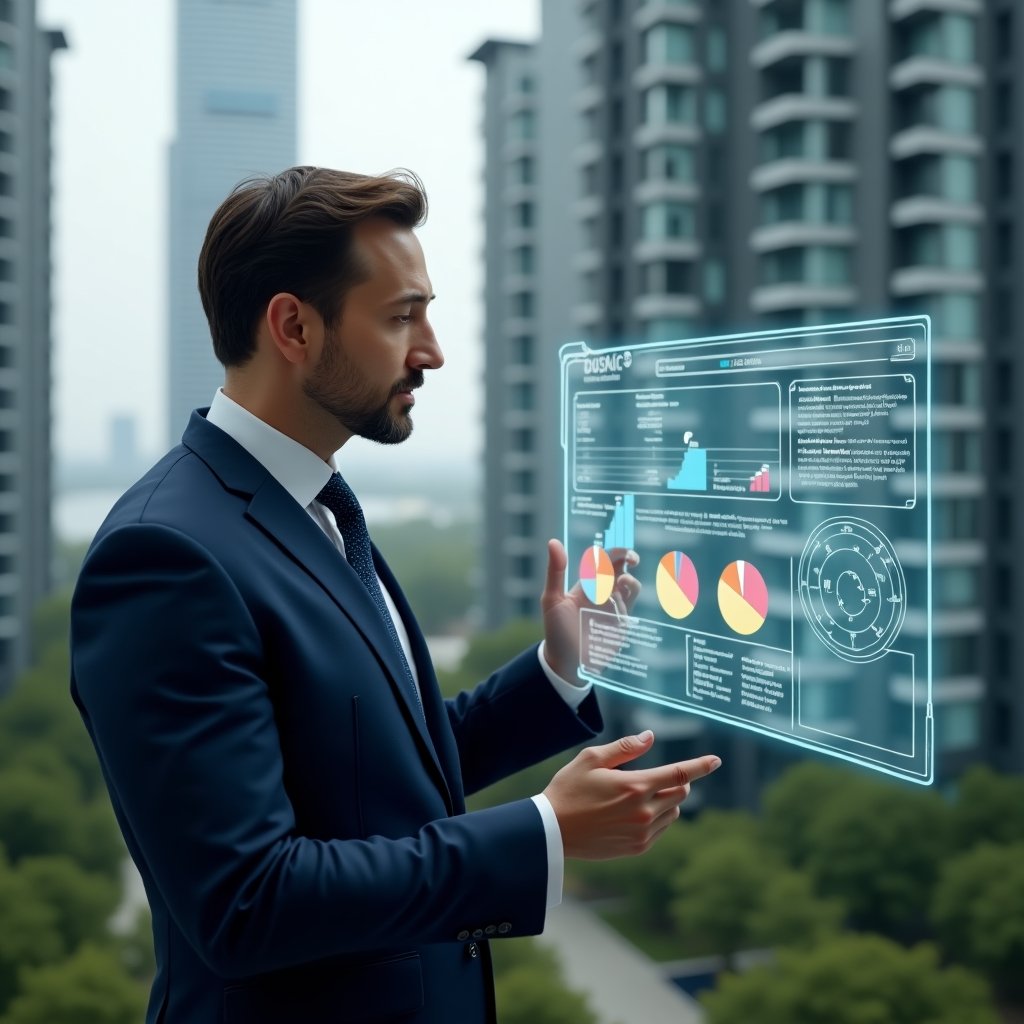 (Ultra-realistic condominium manager in a navy-blue tailored suit, set in a modern luxury condominium environment with high-rise buildings and lush green landscaping, medium shot of the manager intently analyzing a holographic financial dashboard comparing ordinary vs extraordinary expenses side by side, floating pie charts and icons of maintenance tools and structural repairs, expression focused and confident, cinematic lighting, shallow depth of field, highly detailed textures, realistic skin, photographic realism, 8k resolution --ar 1:1 --v 6)