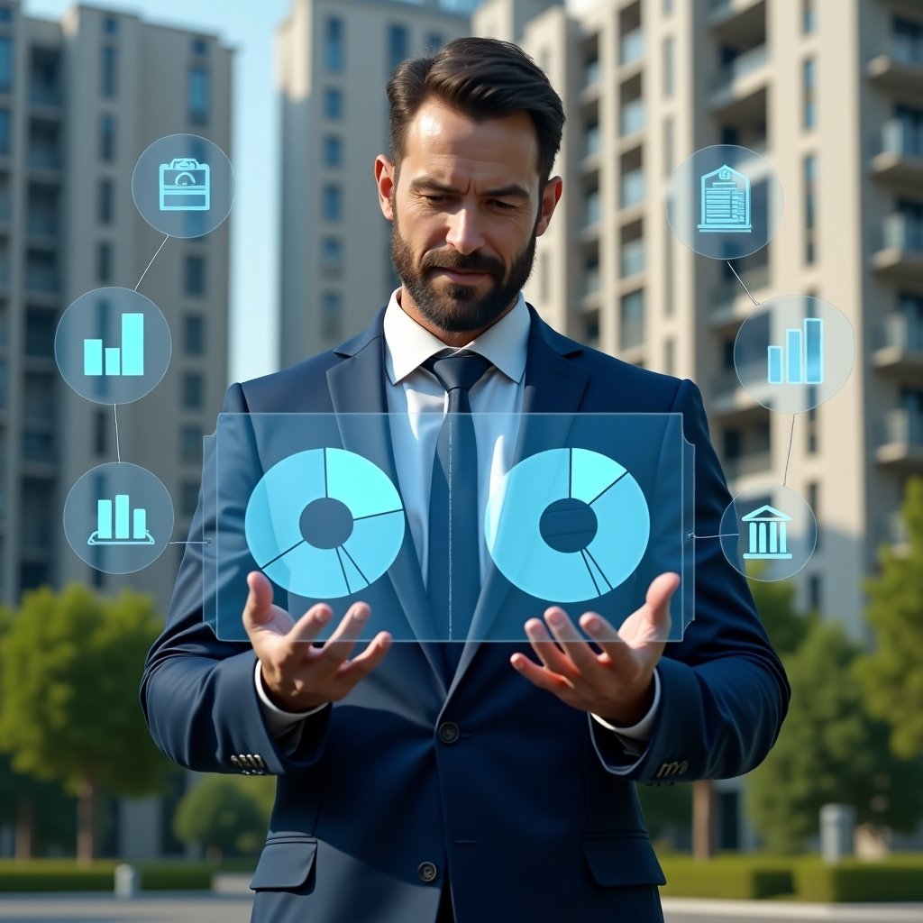 Ultra-realistic property manager in a navy blue tailored suit, set in a modern luxury condominium environment with high-rise buildings and lush green landscaping, analyzing a floating holographic interface comparing ordinary vs extraordinary expense pie charts, expression thoughtful and confident, surrounded by floating financial icons and bar graphs, cinematic lighting, shallow depth of field, highly detailed textures, realistic skin, photographic realism, 8k resolution --ar 1:1 --v 6