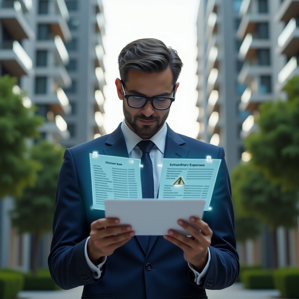 Ultra-realistic condominium manager in a tailored navy blue business suit, set in a modern luxury condominium environment with high-rise buildings and lush green landscaping, examining two holographic financial statements side by side—one marked “Ordinary Expenses” and the other “Extraordinary Expenses”—with floating icons of a checklist and a warning triangle, cinematic lighting, shallow depth of field, highly detailed textures, realistic skin, photographic realism, 8k resolution --ar 1:1 --v 6