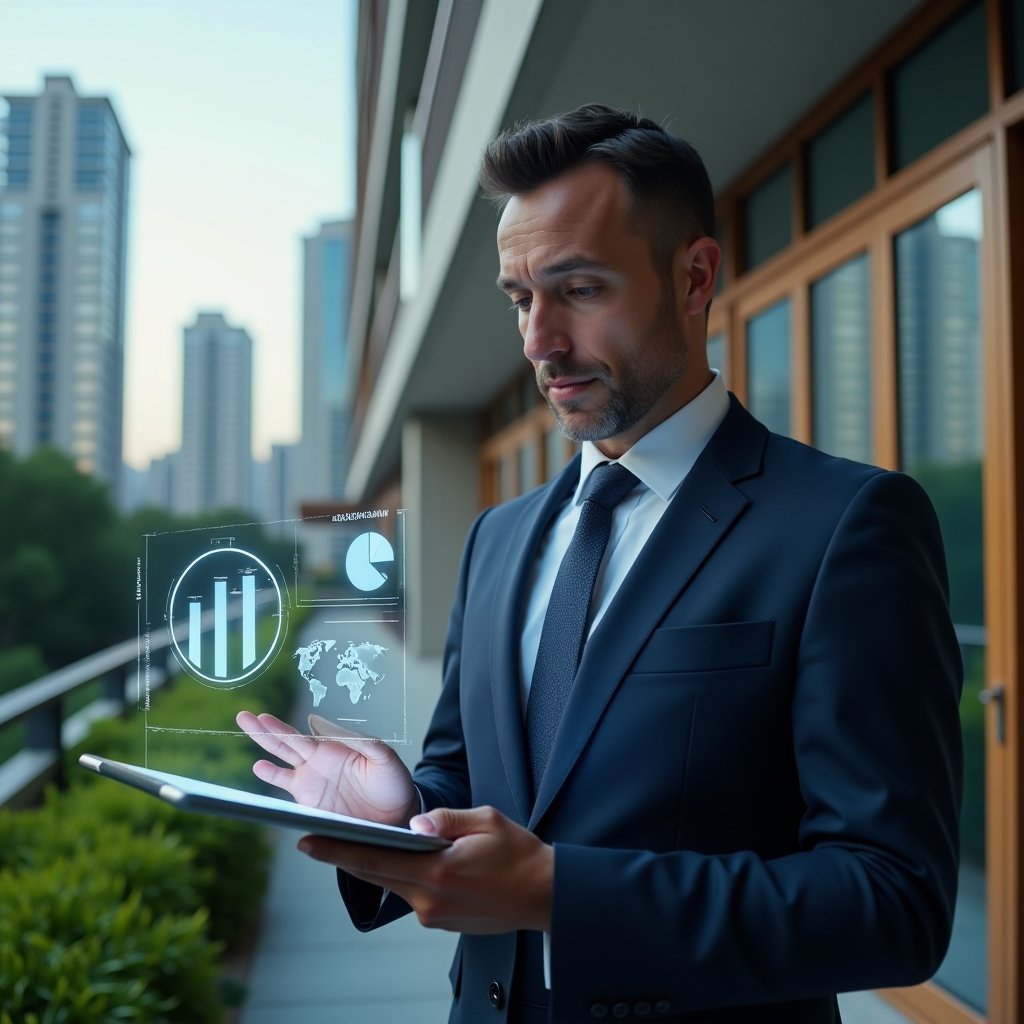 (Ultra-realistic condominium manager in a tailored navy suit, set in a modern luxury condominium environment with high-rise glass buildings and lush green landscaping, medium shot of a confident professional examining a transparent tablet displaying holographic pie charts and bar graphs labeled “Ordinary vs Extraordinary Expenses,” cinematic lighting, shallow depth of field, highly detailed textures, realistic skin, photographic realism, 8k resolution --ar 1:1 --v 6)