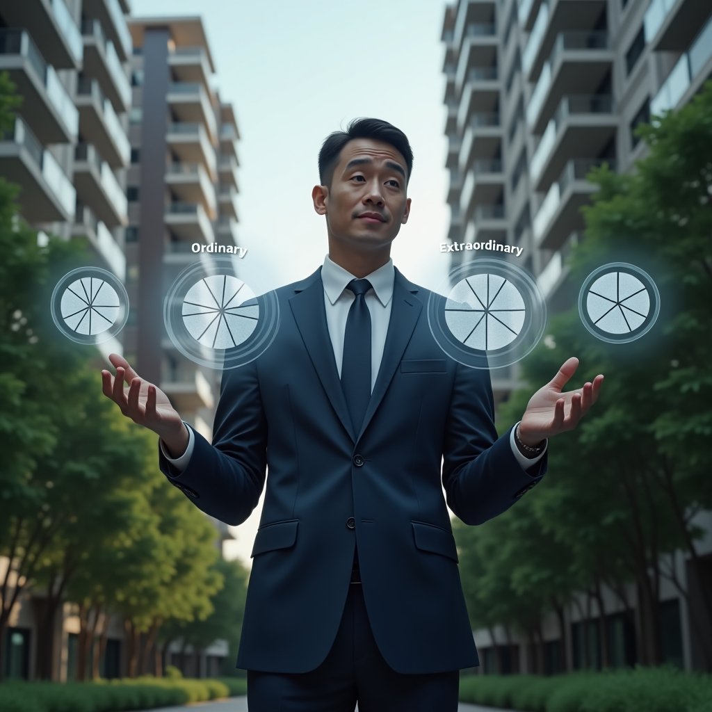 (Ultra-realistic condominium manager in a tailored navy suit, set in a modern luxury condominium environment with high-rise buildings and lush green landscaping, medium shot of a thoughtful professional analyzing floating holographic pie charts labeled “ordinary vs extraordinary expenses,” cinematic lighting, shallow depth of field, highly detailed textures, realistic skin, photographic realism, 8k resolution --ar 1:1 --v 6)