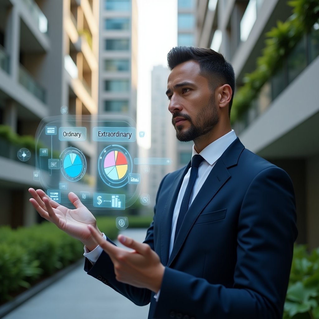 Ultra-realistic condominium property manager in a tailored navy suit, set in a modern luxury condominium environment with high-rise buildings and lush green landscaping, medium close-up, confident and thoughtful expression, reviewing floating holographic pie charts labeled “Ordinary” and “Extraordinary” expenses, holographic coin and invoice icons swirling around, cinematic lighting, shallow depth of field, highly detailed textures, realistic skin, photographic realism, 8k resolution --ar 1:1 --v 6