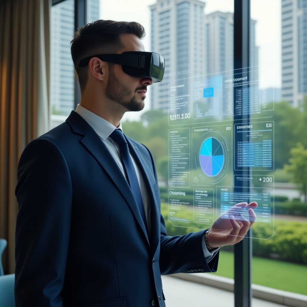 Ultra-realistic condominium manager wearing a navy blue suit, set in a modern luxury condominium lobby with high-rise buildings and manicured green landscaping in the background, viewing and interacting with a holographic financial dashboard illustrating ordinary vs. extraordinary expenses, holographic pie charts and currency symbols floating around, confident and focused expression, cinematic lighting, shallow depth of field, highly detailed textures, realistic skin, photographic realism, 8k resolution --ar 1:1 --v 6