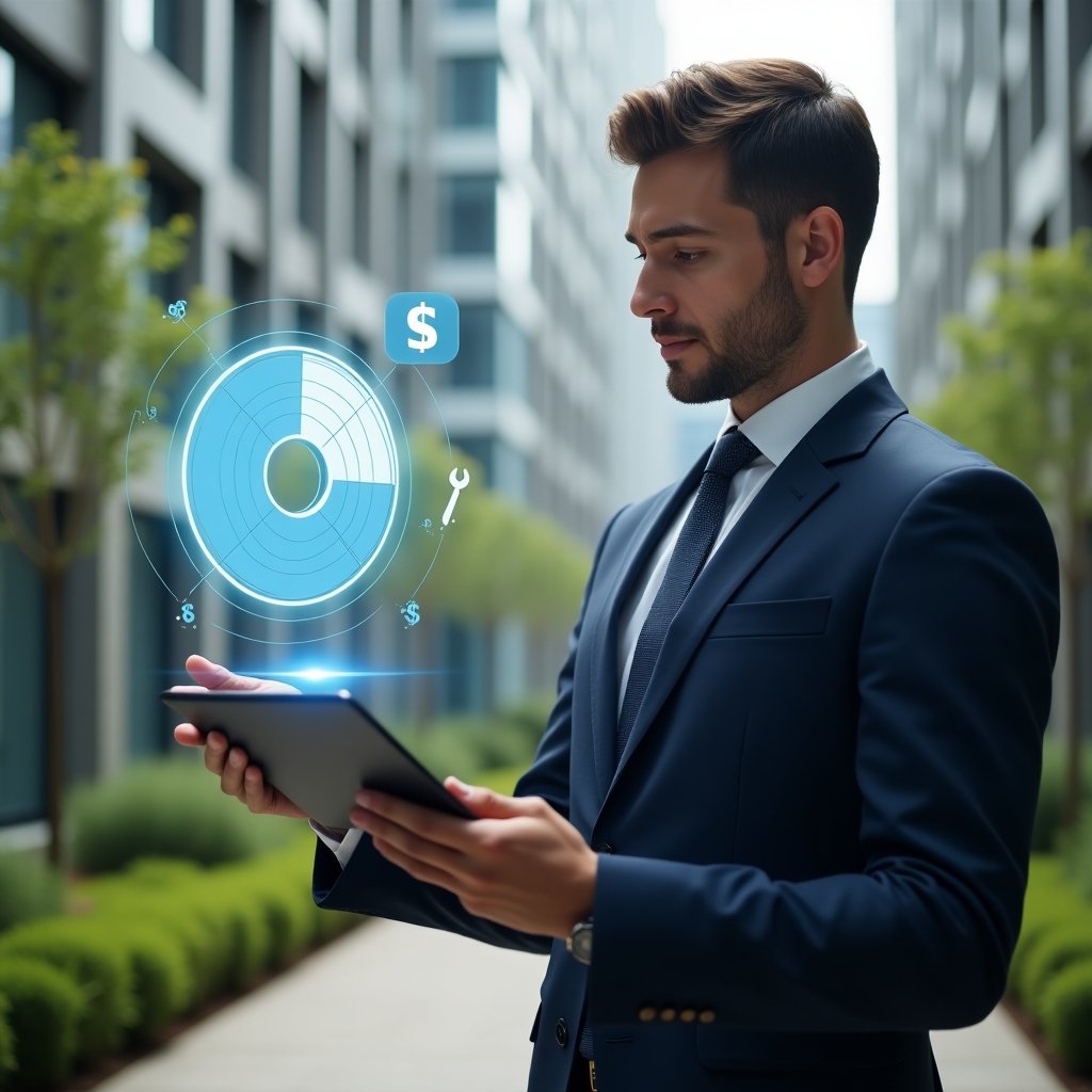 Ultra-realistic condominium manager in a tailored navy suit, set in a modern luxury condominium environment with high-rise buildings and manicured greenery, medium close-up shot of the character confidently analyzing a floating holographic pie chart split into ordinary and extraordinary expenses, with floating icons of a bill and a repair wrench, cinematic lighting, shallow depth of field, highly detailed textures, realistic skin, photographic realism, 8k resolution --ar 1:1 --v 6