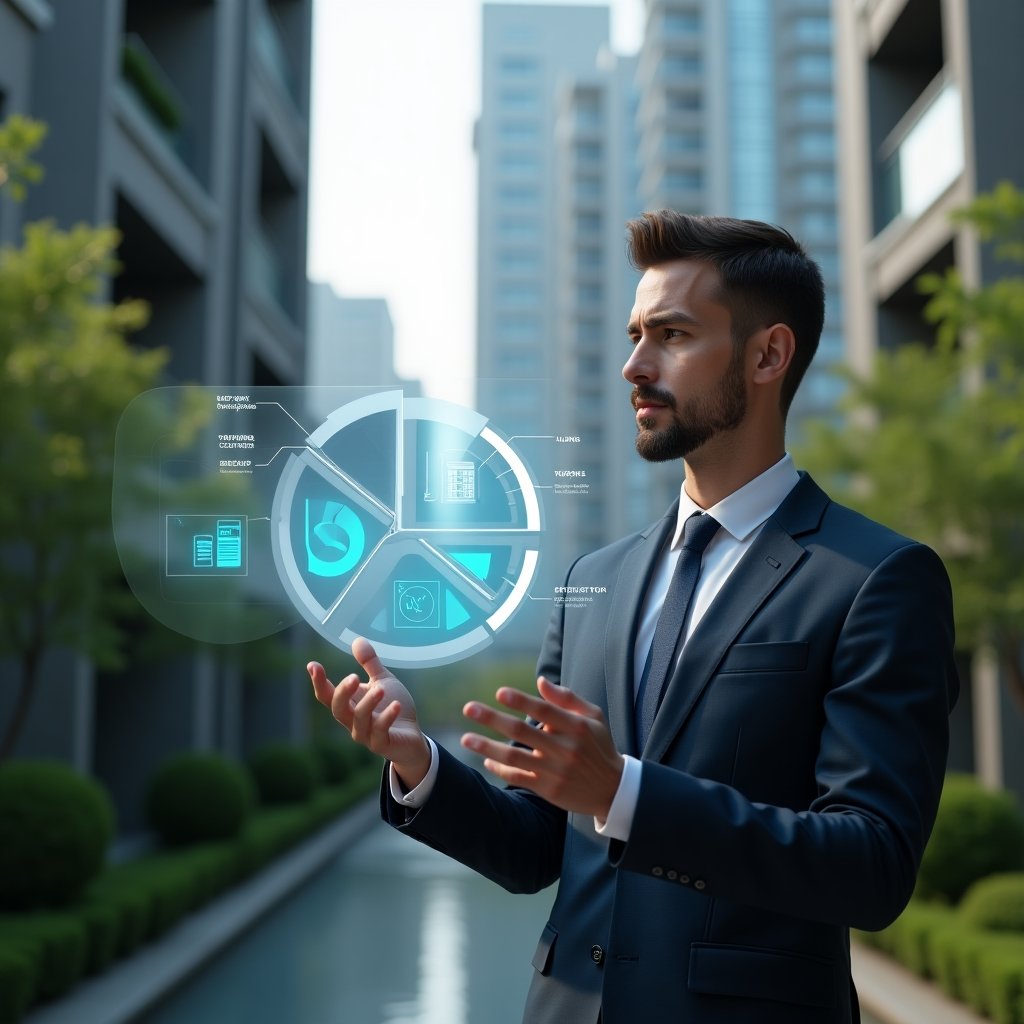 (Ultra-realistic condominium manager in a tailored navy suit, set in a modern luxury condominium environment with high-rise buildings and lush green landscaping, medium shot of a thoughtful professional analyzing a floating holographic pie chart split into ordinary and extraordinary expenses with calculator and invoice icons, cinematic lighting, shallow depth of field, highly detailed textures, realistic skin, photographic realism, 8k resolution --ar 1:1 --v 6)