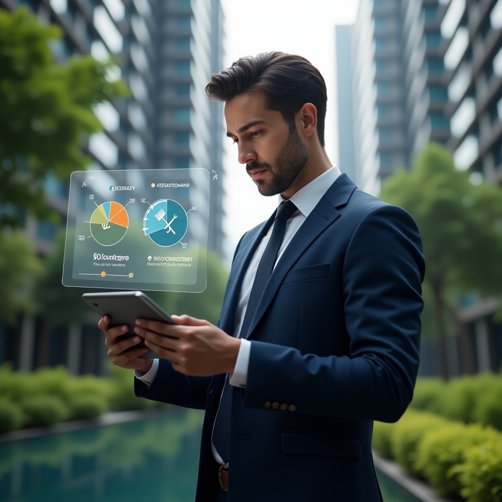 (Ultra-realistic condominium manager in a navy blue suit, set in a modern luxury condominium environment with high-rise buildings and lush green landscaping, examining a tablet displaying holographic pie charts labeled “Ordinary” and “Extraordinary” expenses, thoughtful expression, floating icons of a broom and a wrench beside the charts, cinematic lighting, shallow depth of field, highly detailed textures, realistic skin, photographic realism, 8k resolution --ar 1:1 --v 6)