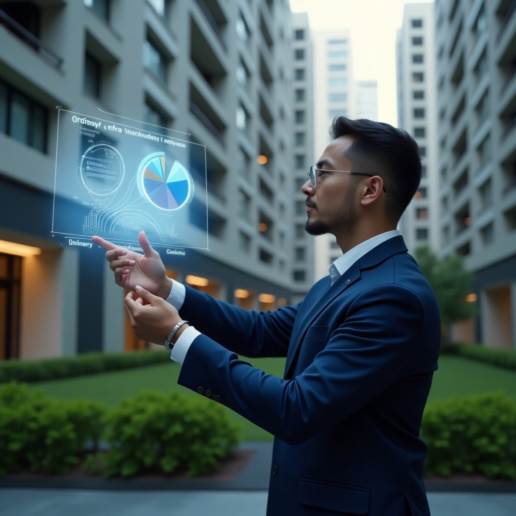 (Ultra-realistic condominium manager in a dark blue tailored suit, set in a modern luxury condominium environment with high-rise buildings and manicured green landscaping, confidently analyzing a floating holographic pie chart labeled “Ordinary vs. Extraordinary Expenses”, pointing at the digital breakdown, cinematic lighting, shallow depth of field, highly detailed textures, realistic skin, photographic realism, 8k resolution --ar 1:1 --v 6)