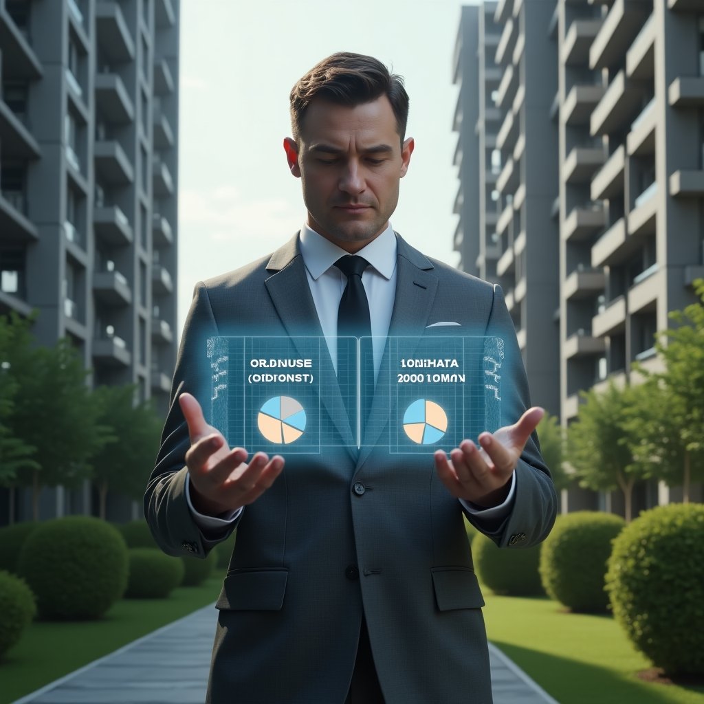 (Ultra-realistic condominium manager in a charcoal gray suit, set in a modern luxury condominium environment with high-rise buildings and well-maintained green landscaping, examining a holographic budget display contrasting ordinary and extraordinary condo expenses with floating pie charts and currency symbols, expression thoughtful and confident, cinematic lighting, shallow depth of field, highly detailed textures, realistic skin, photographic realism, 8k resolution --ar 1:1 --v 6)