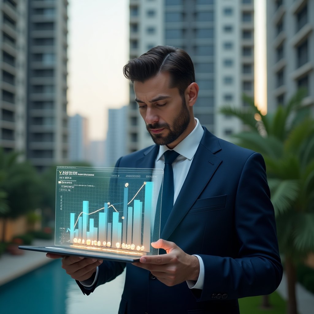 Ultra-realistic condominium manager in a navy blue tailored suit, set in a modern luxury condominium environment with high-rise buildings and lush green landscaping, analyzing a holographic financial chart split into “Ordinary vs Extraordinary Expenses” with glowing icons of coins and caution symbols, confident and focused expression, cinematic lighting, shallow depth of field, highly detailed textures, realistic skin, photographic realism, 8k resolution --ar 1:1 --v 6